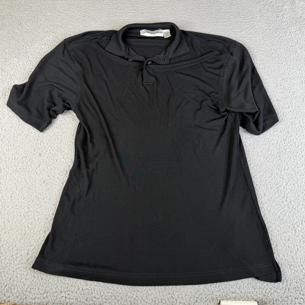 Jhane Barnes Polo Shirt Mens Medium Black Ribbed Knit Short Sleeve Stretch Silk
